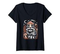 Women's Retro Cottagecore Raccoon Sitting Under A Giant Toadstool V-Neck T-Shirt