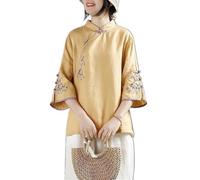 Women's Retro Cotton Linen Loose Fit Chinese Style Shirts Tops Exquisite Floral Embroidery Traditional Hanfu Blouse(Yellow,4XL)