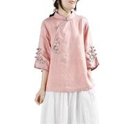 Women's Retro Cotton Linen Loose Fit Chinese Style Shirts Tops Exquisite Floral Embroidery Traditional Hanfu Blouse(Pink,XXL)
