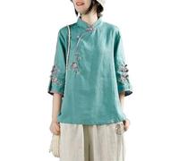 Women's Retro Cotton Linen Loose Fit Chinese Style Shirts Tops Exquisite Floral Embroidery Traditional Hanfu Blouse(Green,XL)