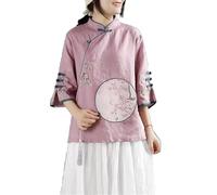 Women's Retro Cotton Linen Loose Fit Chinese Style Shirts Tops Exquisite Floral Embroidery Traditional Hanfu Blouse(Purple,4XL)