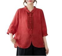 Women's Retro Cotton Linen Shirts Clearance 2025 Chinese-Style Button Down Shirt Ladies 3/4 Sleeve Loose Tunic Tops Vintage Floral Embroidered Blouses Lapel Casual Tshirt Summer Loose Blouse