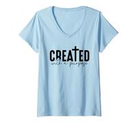 Womens Retro Created with A Purpose - Inspirational Christian Faith V-Neck T-Shirt