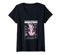 Womens Retro Cyborg Wife Robot Satire Glitch Art Feminism Commentar V-Neck T-Shirt