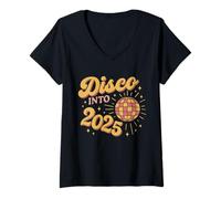 Womens Retro Disco Shirt 2025 Groovy NYE Mirror Ball Lights V-Neck T-Shirt