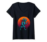 Womens Retro Dog with Backpack Hiking Trail Explorer V-Neck T-Shirt