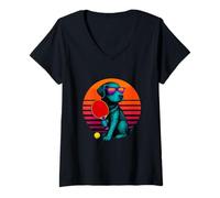 Womens Retro Dog with Table Tennis Paddle Table Tennis Player V-Neck T-Shirt