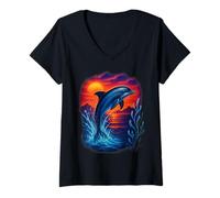 Womens Retro Dolphin Sunset Ocean Aesthetic Tee 80s 90s Vaporwave V-Neck T-Shirt