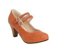 Women's Retro Double Buckle Strap Count Shoes Comfort Round Toe Block High Heel Mary Jane Dress Pumps (Orange,5)