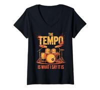 Womens Retro Drummer The Tempo is What I Say Band Lover Distressed V-Neck T-Shirt