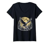 Womens Retro Eagle Forest Moon Artwork 90s Nature Vibes V-Neck T-Shirt