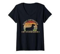 Womens Retro Easily Distracted by Dachshunds V-Neck T-Shirt