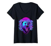 Womens Retro Electric Blue Bear Head Vaporwave Wild Animal Art V-Neck T-Shirt