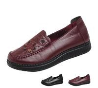 Women's Retro Embroidered Leather Shoes Casual Soft Sole Slip on Loafers | Fashion Round Toe Leather Moccasins, Comfortable Wide Width Flat Loafers, Breathable Non-slip Platform Mom Shoes for Elderly