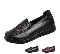 Women's Retro Embroidered Leather Shoes Casual Soft Sole Slip on Loafers | Fashion Round Toe Leather Moccasins, Comfortable Wide Width Flat Loafers, Breathable Non-slip Platform Mom Shoes for Elderly