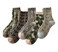 Womens Retro Embroidered Vintage Flower Socks, 5 Pairs 3D Textured Thickened Warm Cotton Ankle Socks