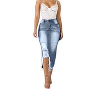 Women's Retro Exposure Button/Zipper-Fly Full Length A-Line Fishtail Maxi Long Washed Denim Jean Skirt Split Hem Skirts, Z5-light Blue, XL