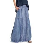 Women's Retro Exposure Button/Zipper-Fly Full Length A-Line Fishtail Maxi Long Washed Denim Jean Skirt Split Hem Skirts, Z5-light Blue, XL