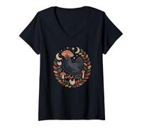 Women's Retro Fairycore Hen Under A Wild Mushroom and Night Moon V-Neck T-Shirt