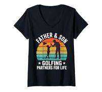 Women's Retro Father Son Golfing Partners for Life Sunset V-Neck T-Shirt