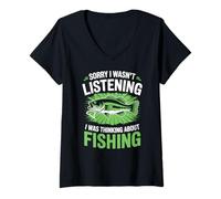 Womens Retro Fishing Fisherman I Was Thinking About Bass Fishing V-Neck T-Shirt