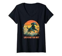Womens Retro Flat Coated Retriever Life is Better Wet V-Neck T-Shirt