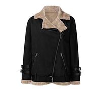 Women's Retro Fleece Bomber Flight Jacket, Punk Leather Biker Jacket Aviator Pilot Jacket Winter Warm Coat for Ladies