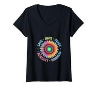 Womens Retro Floral Sunflower Design Featuring Human Rights Peace V-Neck T-Shirt