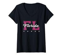 Women's Retro Florida Cheer Pink Leopard Collegiate State Art V-Neck T-Shirt