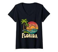Women's Retro Florida Sunset Palm Trees Vintage Beach Vibes V-Neck T-Shirt