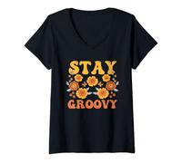 Womens Retro Flower Hippie Stay Groovy Positive Mind V-Neck T-Shirt