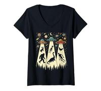 Women's Retro Flying Saucers UFO Abduction with Bigfoot and Cryptids V-Neck T-Shirt