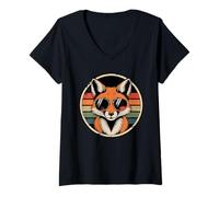 Women's Retro Fox with Sunglasses Vintage Cool Animal V-Neck T-Shirt