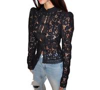 Women's Retro French Elegant Lace Crochet Hollow Button Long Sleeve Shirt Fashion Trend Victorian Style Slim Fit Versatile Long Sleeve Top (Black,L)