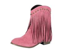 Women's Retro Fringe Short Cowboy Ankle Boots Faux Leather Square Heel Pointed Toe Short Boots Autumn Winter Elegant Boots Women's Shoes, Pink, 2 UK