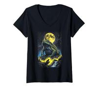 Women's Retro Frog and Wolf Nature Scene - Full Moon Forest Lover V-Neck T-Shirt