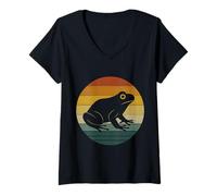 Womens Retro Frog Sunset V-Neck T-Shirt