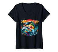 Womens Retro Funny Fishing Outdoor Forest Nature Wildlife Fisherman V-Neck T-Shirt