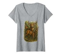 Womens Retro Funny Hunter Deer Faded Nature Vintage Forest 90s Cute V-Neck T-Shirt