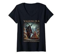 Womens Retro Funny Walking in a Winter Wonderland Merry Christmas V-Neck T-Shirt