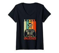Womens Retro Gamer Level 35 Unlocked 35th Birthday V-Neck T-Shirt