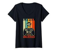 Womens Retro Gamer Level 42Unlocked 42th Birthday V-Neck T-Shirt