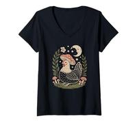 Women's Retro Goblincore Chicken Enjoying The Magical Night Sky V-Neck T-Shirt