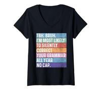 Womens Retro Grammar Correction Teacher Meme No Cap Back To School V-Neck T-Shirt