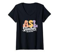 Womens Retro Groovy ASL Teacher American Sign Language Interpreter V-Neck T-Shirt