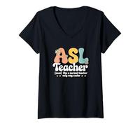 Womens Retro Groovy ASL Teacher American Sign Language School V-Neck T-Shirt