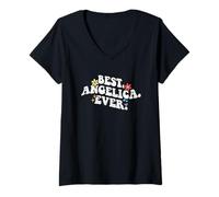 Womens Retro Groovy Best Angelica Ever First Name Mother's Day Girl V-Neck T-Shirt