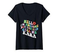 Women's Retro Groovy Hello I'm Awesome But You Can Call Me Kara V-Neck T-Shirt