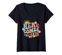 Women's Retro Groovy Here Comes The Sun Beach Summer Positive Mind V-Neck T-Shirt