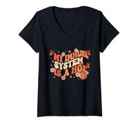 Women's Retro Groovy My Immune System is A Hoe Butterfly Disco Ball V-Neck T-Shirt